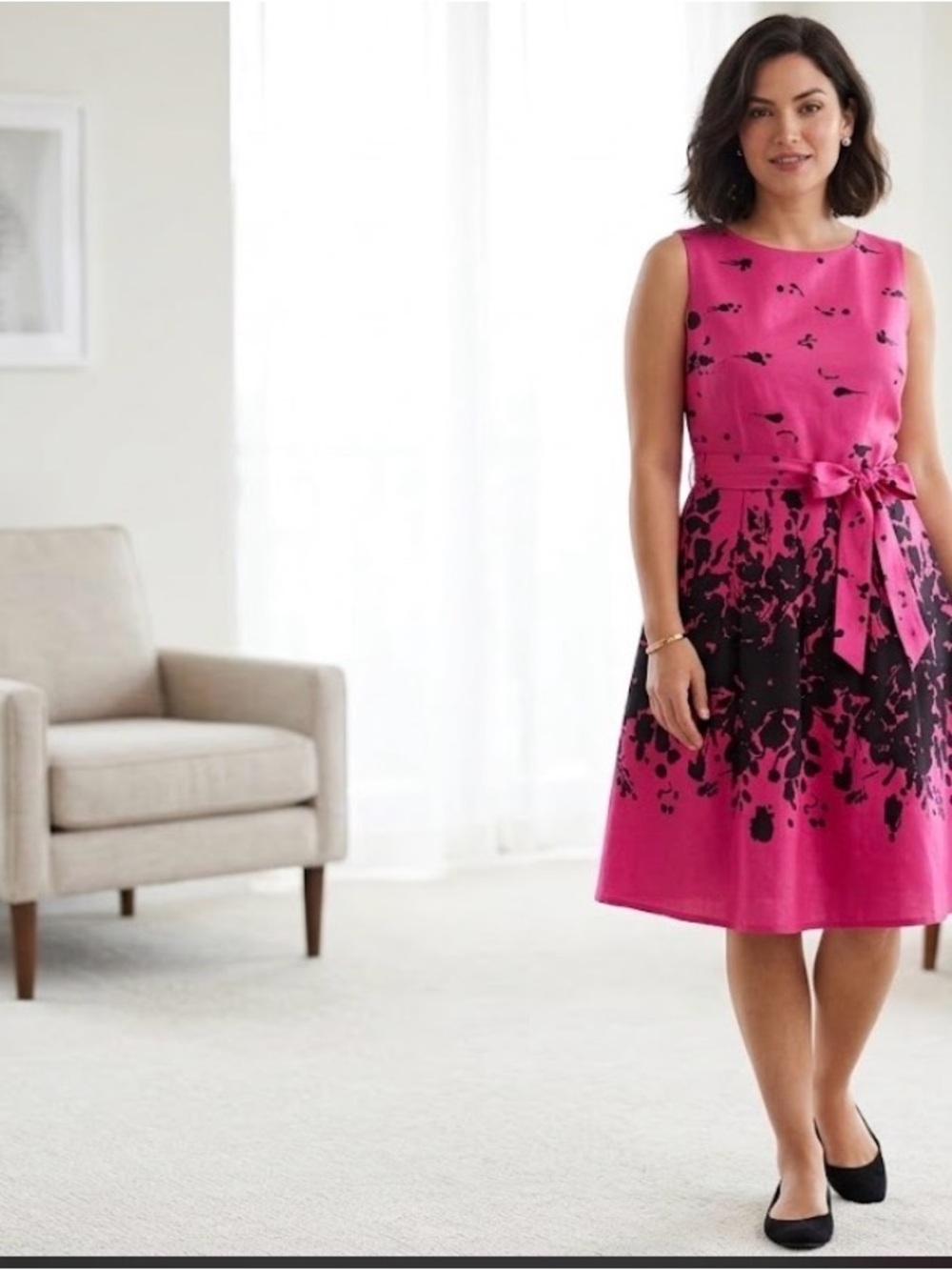 Closet Fuchsia Sleeveless Midi Dress with Black Floral Print and Waist Tie